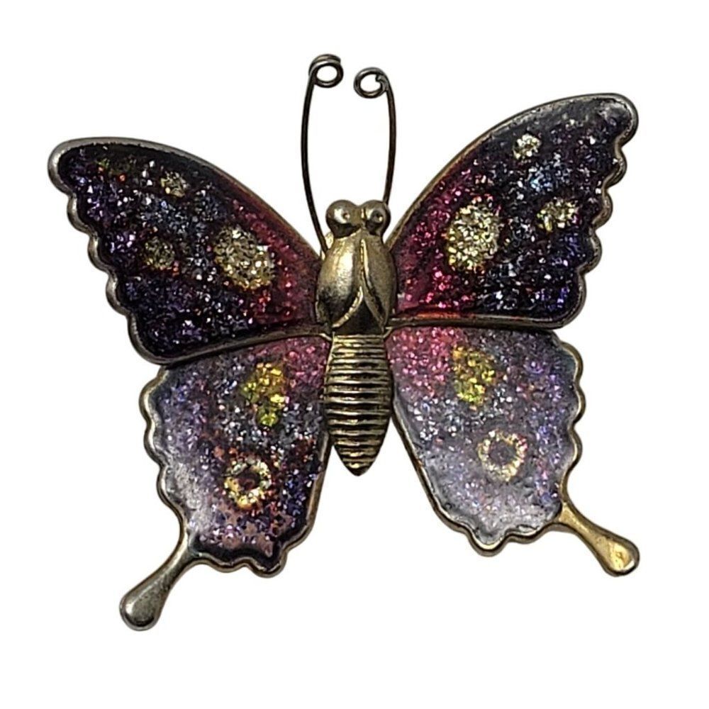 Vintage Gold Tone Purple Sparkle Confetti‎ Enamel Butterfly Brooch Pin Pendant